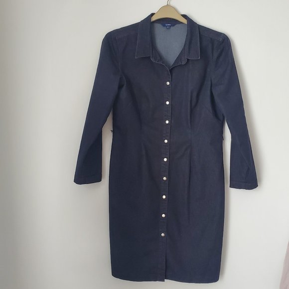Women's Button Down Denim Shirt Dress Long Sleeve Snap Buttons Pointed Collar - Picture 2 of 6